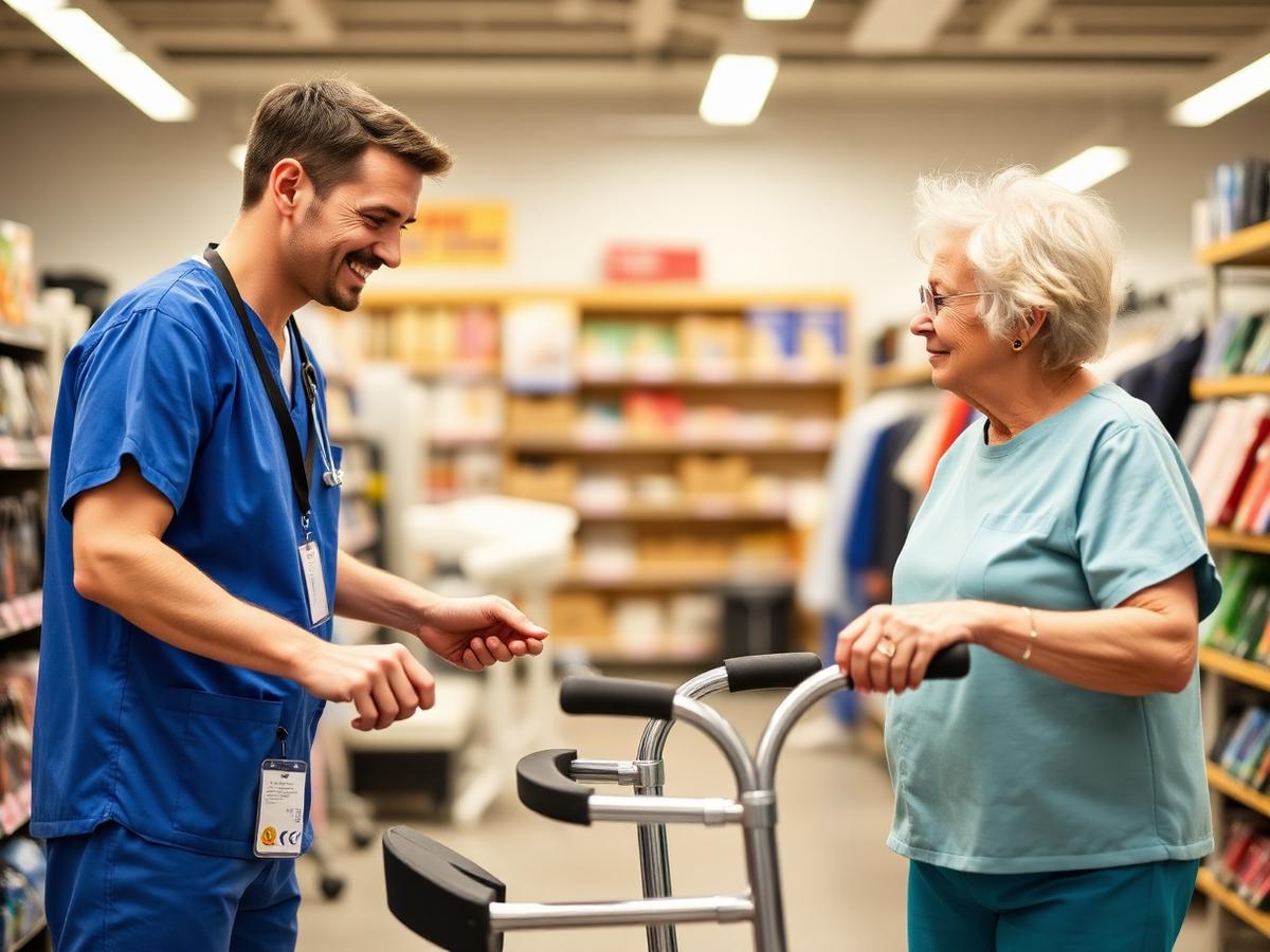 A specialist helping a customer choose a walker in the Heritage Medical Supply showroom